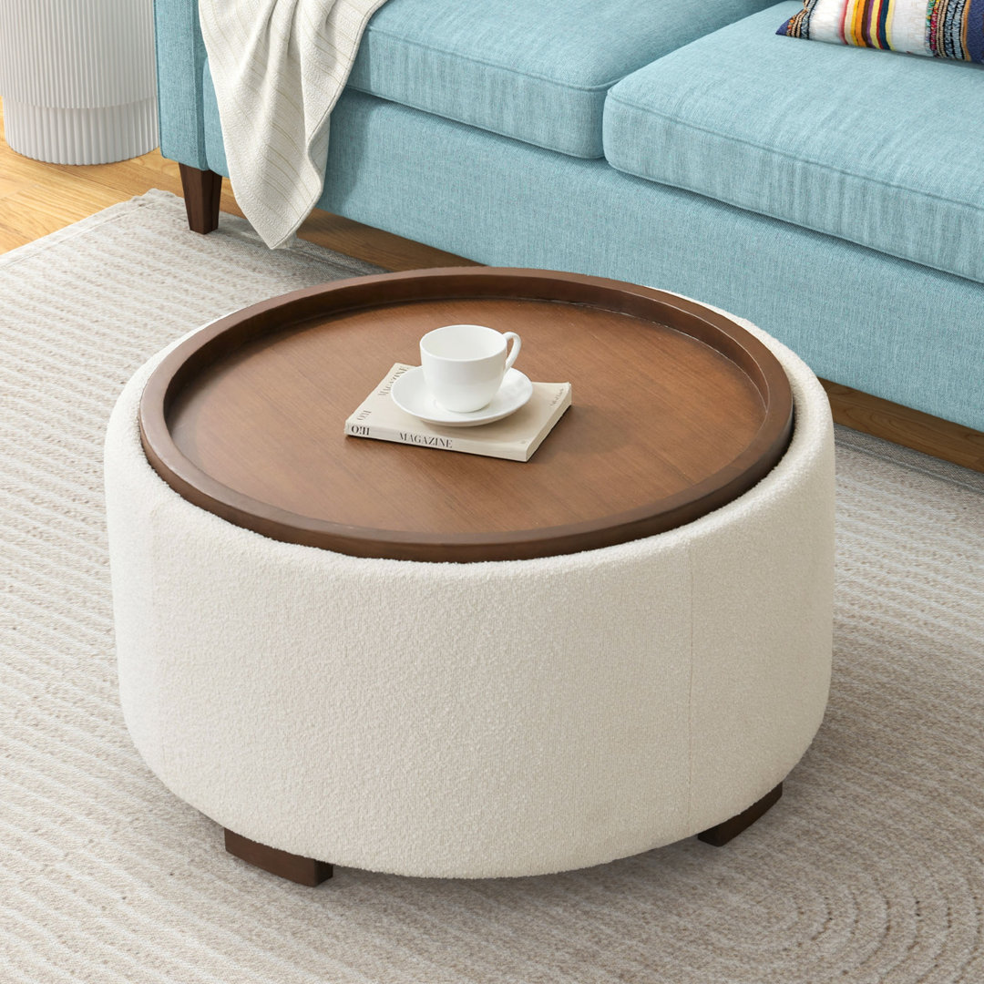 Caysey 30.1" W Upholstered Round Storage Ottoman with Wooden Tray